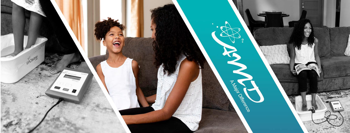 Collage of people using the IonCleanse by AMD footbath at home, around the A Major Difference logo